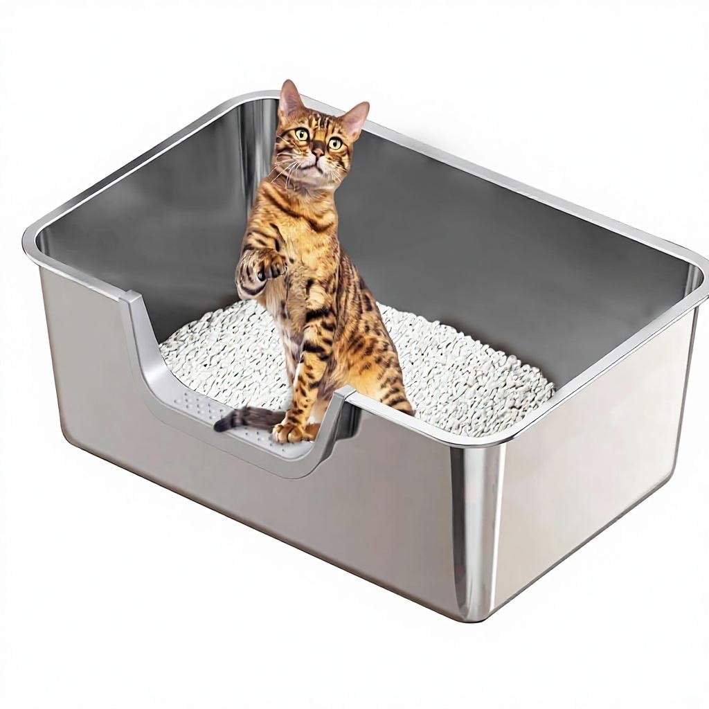 H21c63d063866408b96865045a91a68cbu High-Sided Stainless Steel Cat Litter Box – Non-Stick Easy-Clean Metal Tray for Large Cats - Image 1
